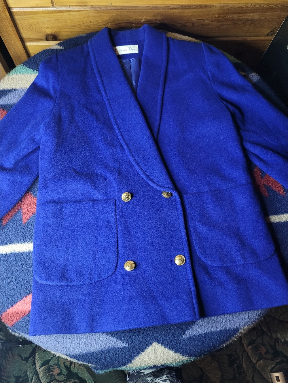 Christian Dior Royal Blue Wool Pea Coat Womens Large ? Lined Shawl Collar